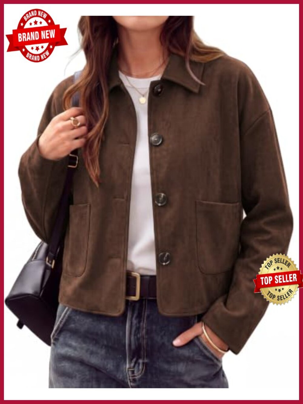 Faux Suede Cropped Casual Jacket Button Front Pockets